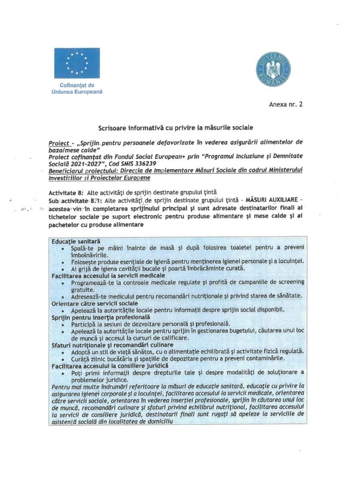 Scrisoare informativa cu privire la masurile sociale