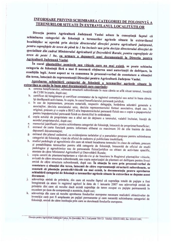 Informare privind schimbarea categoriei de folosinta a terenurilor situate in extravilanul localitatilor