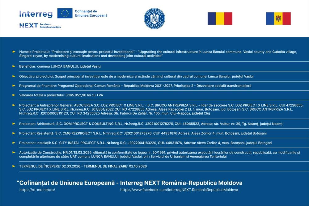 Modernizare si extindere camin cultural din cadrul comunei Lunca Banului, judetul Vaslui