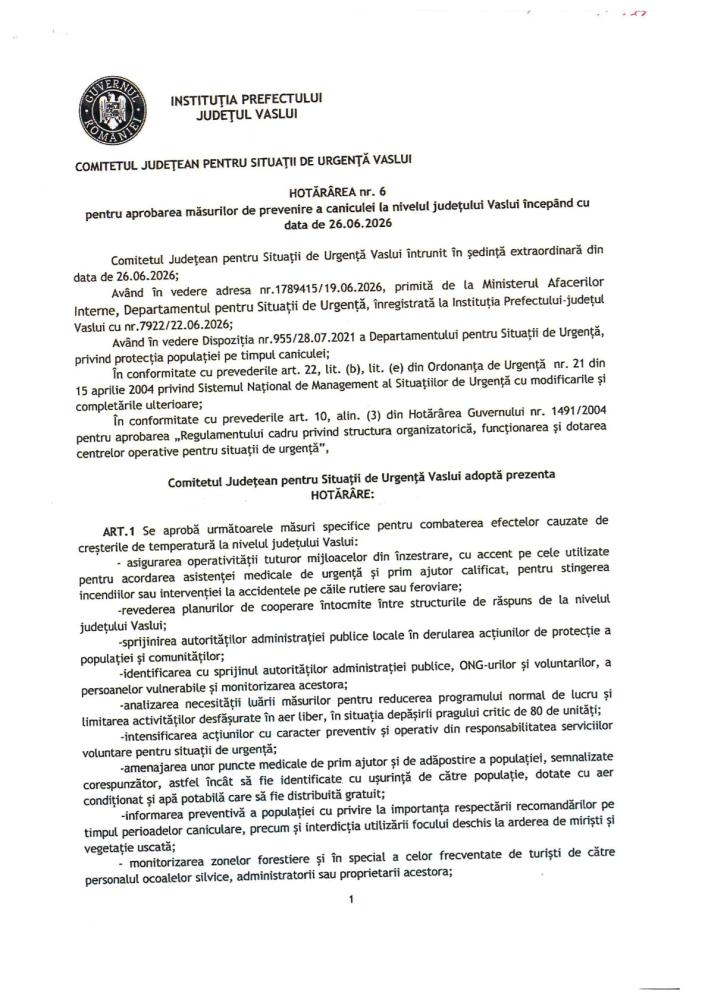 Hotararea nr.6 din  26.06.2026 a Comitetului Judetean pentru Situatii de Urgenta Vaslui privind aprobarea masurilor de prevenire a caniculei - Partea 1