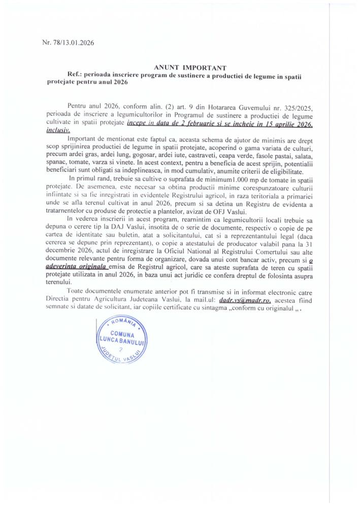 Anunt perioada inscriere program de sustinere a productiei de legume in spatii protejate pentru anul 2026