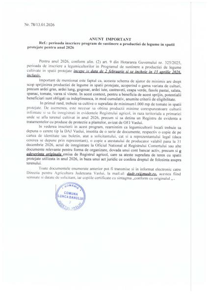 Anunt perioada inscriere program de sustinere a productiei de legume in spatii protejate pentru anul 2026